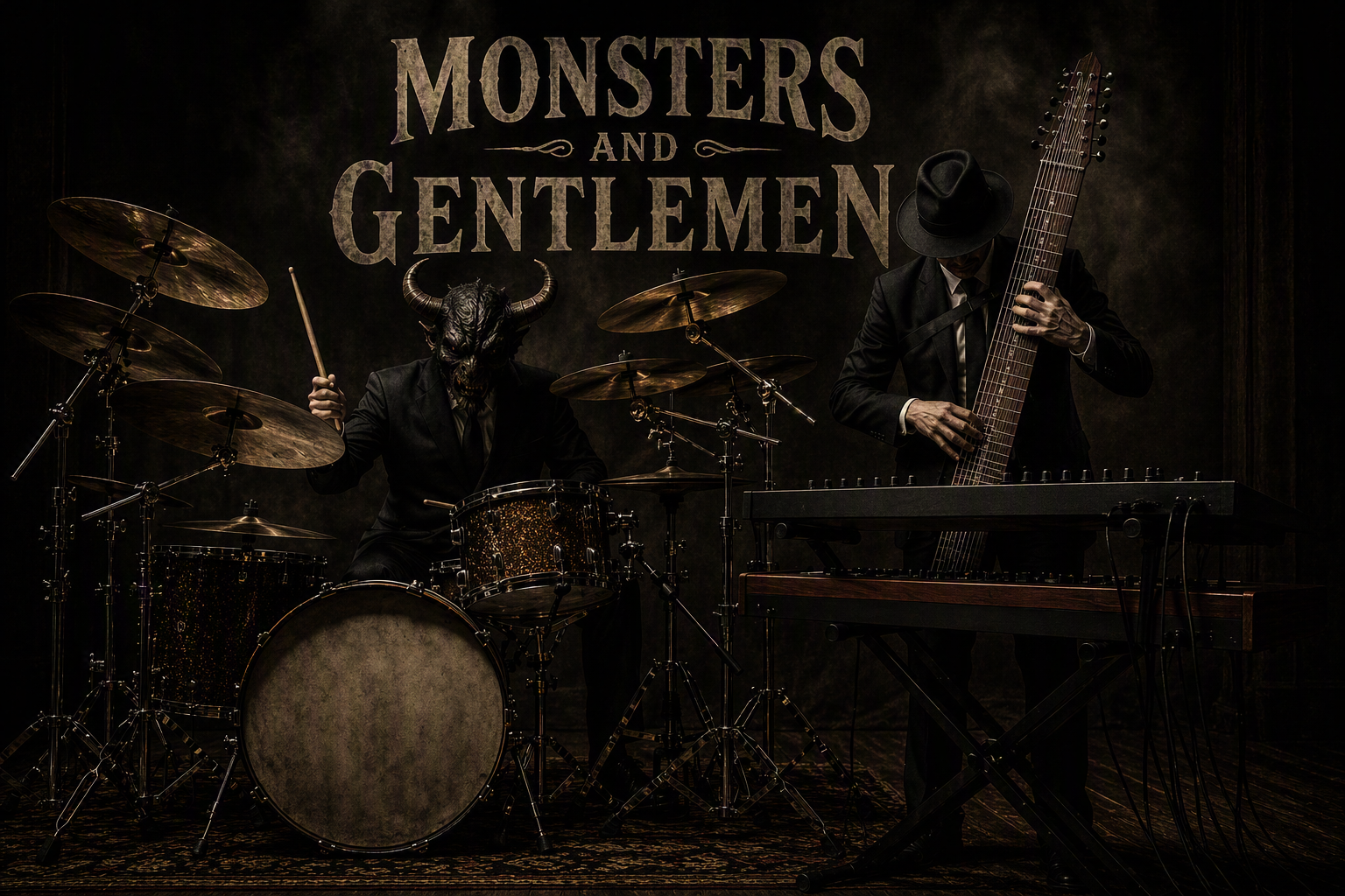 Monsters and Gentlemen performing live — a masked drummer and a suited guitarist on a dark stage.
